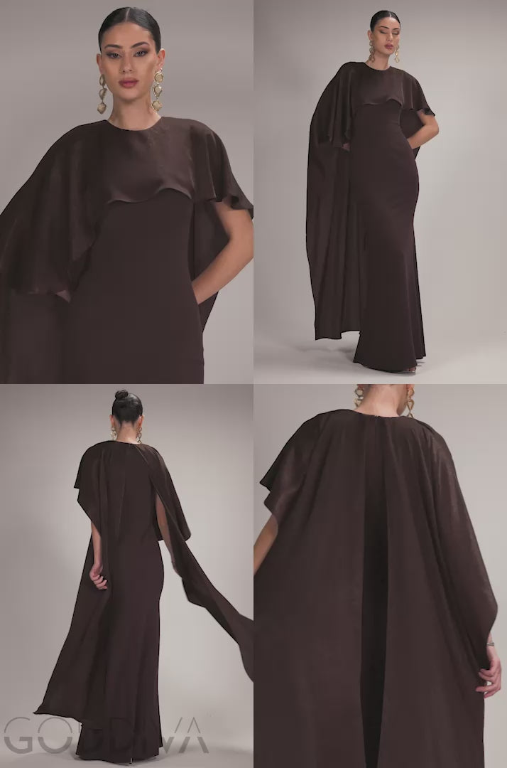 Scoop Neck Cape Sleeve Maxi Dress - Brown DR5074