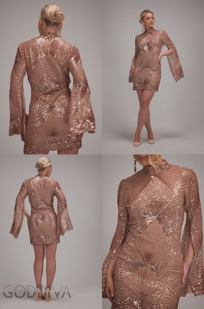 Sequin Starburst Cape Sleeve Mini Dress - Champagne DR4748