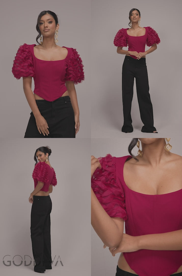 3D Textured Sleeve Scuba Corset Top - Burgundy T235