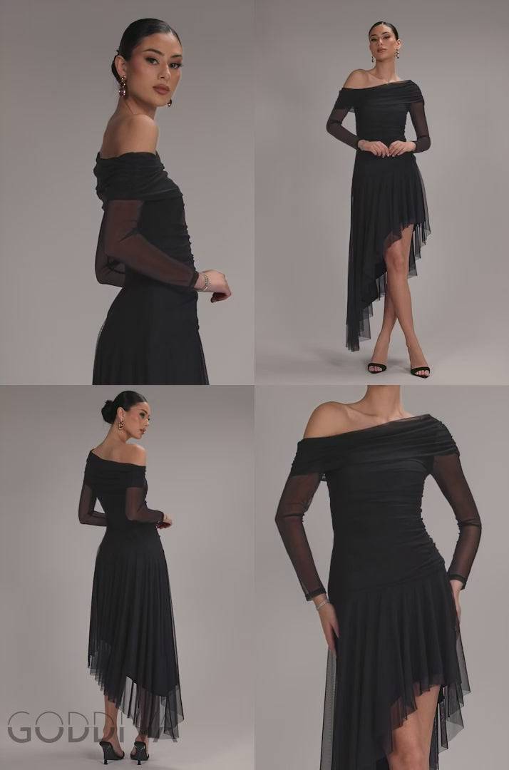 One Off Shoulder Asymmetric Midi Dress - Black DR4923