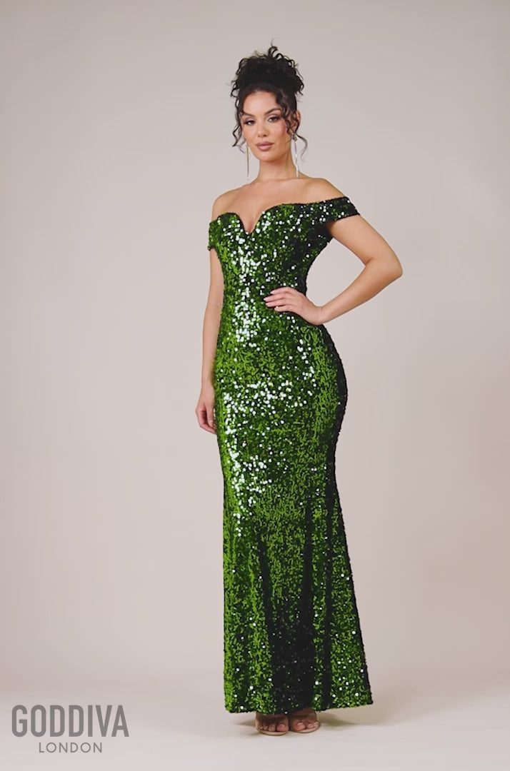 Sequin Velvet Bardot Evening Maxi Dress - Olive DR4525