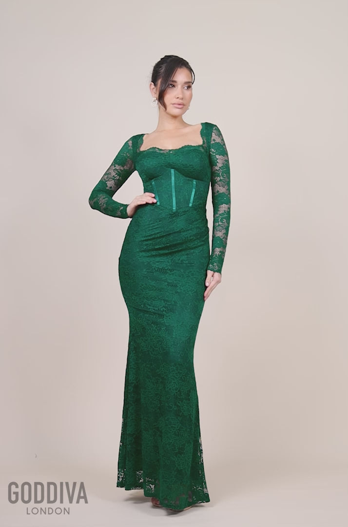 Scalloped Lace Corset Bodice Maxi Dress - Emerald Green DR4519