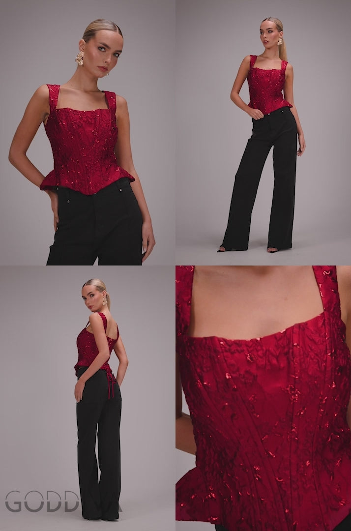 Sleeveless Jacquard Lace Up Back Corset - Red T265