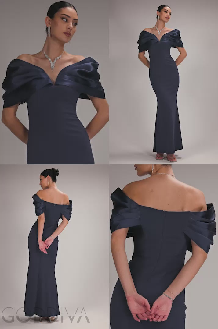 Satin Plunge Neck Bardot Scuba Maxi Dress - Navy Blue DR5040