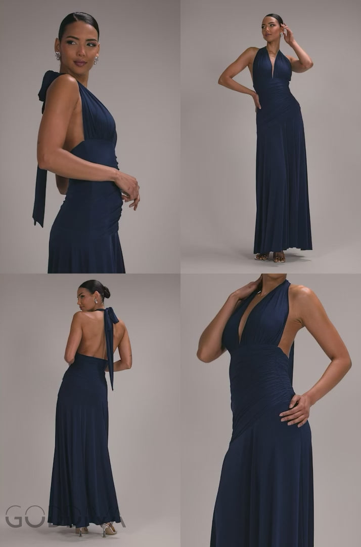 Halter Neck Empire Waist Gathered Maxi Dress - Navy Blue DR5259