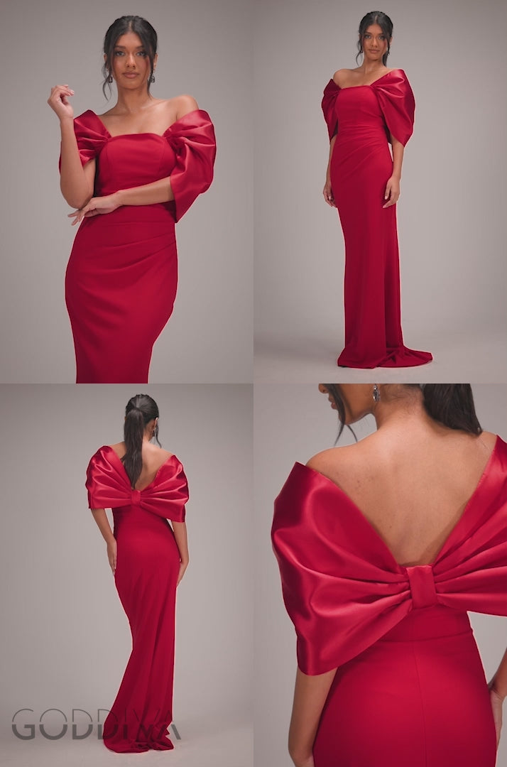 Off Shoulder Back Satin Bow Scuba Maxi Dress - Red DR4708