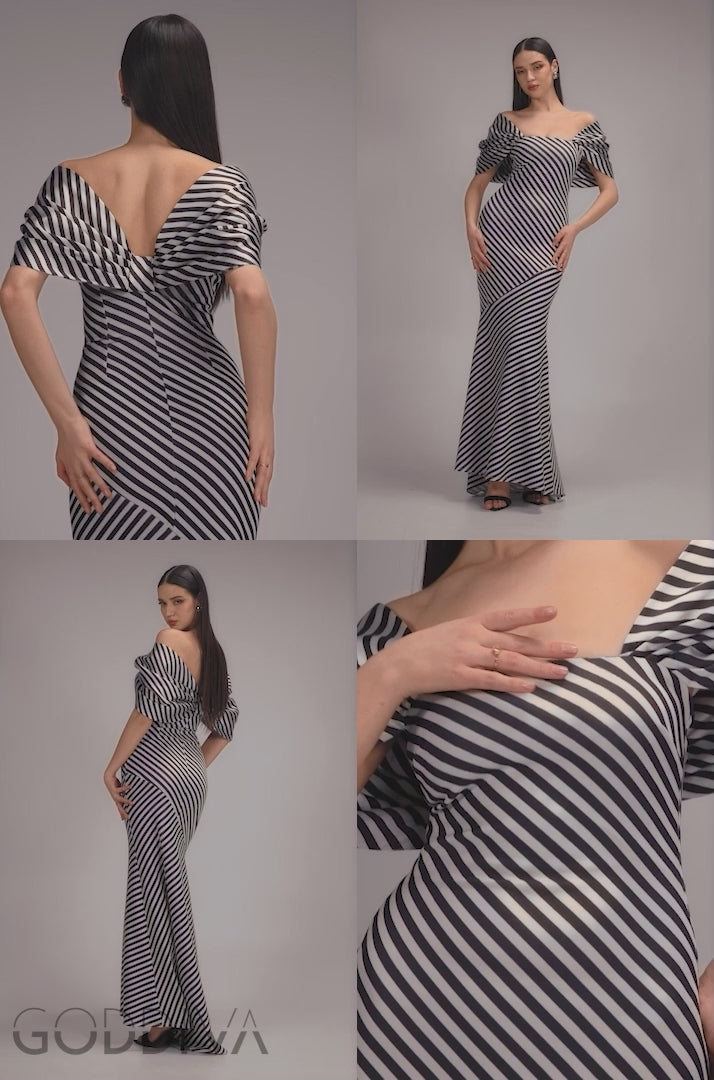 Stripe Off Shoulder Bow Back Satin Bow Maxi Dress - Black White DR5080