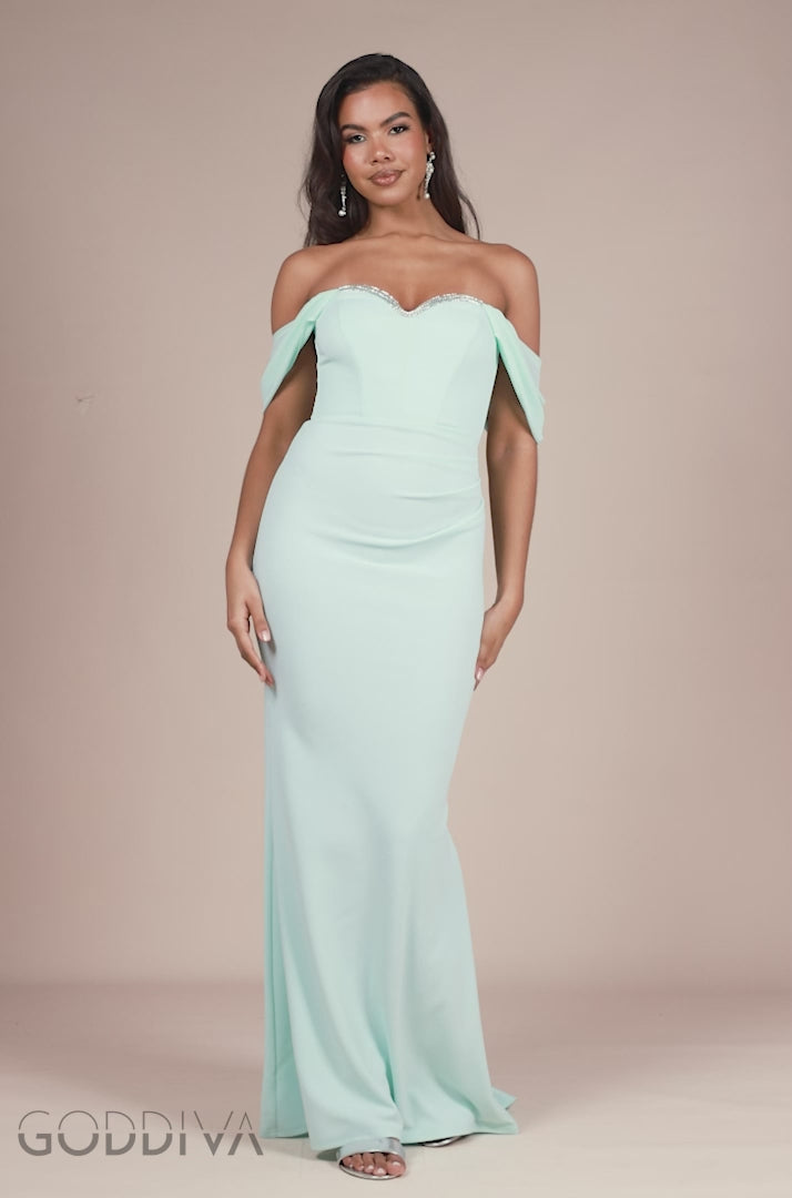 Off The Shoulder Draped Sleeve Maxi Dress With Diamante Neckline - Mint Green DR4588