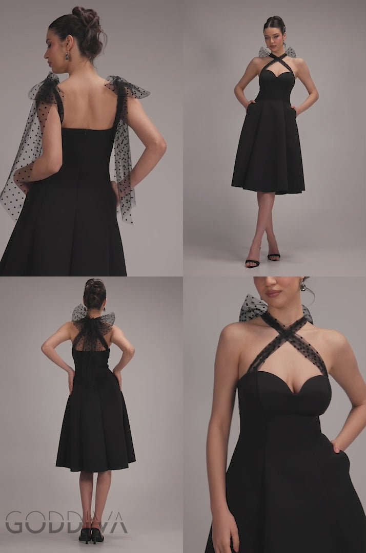 Scuba & Polka Mesh Bella Bow Multiway A-Line Midi Dress - Black DR4877