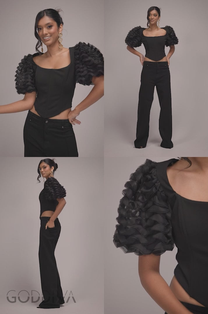 3D Textured Sleeve Scuba Corset Top - Black T235