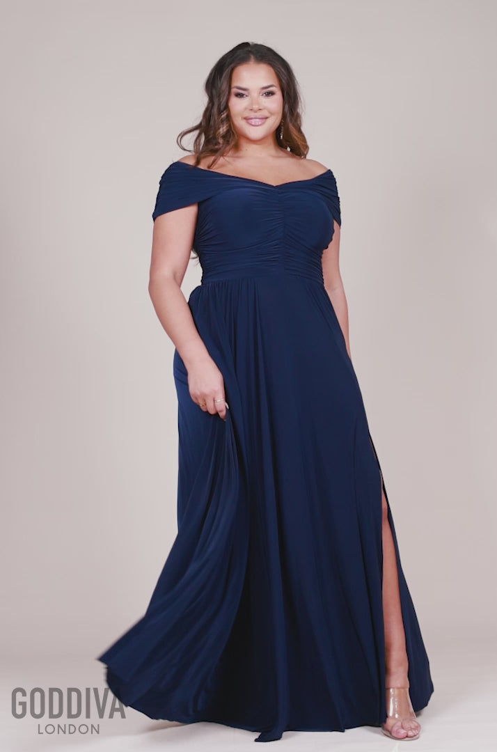 Gathered Bardot Bodice Front Split Maxi Dress - Navy DR4524PLUS