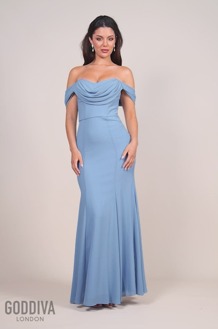 Chiffon Bardot Cowl Neck Maxi Dress - Duskyblue DR2781A