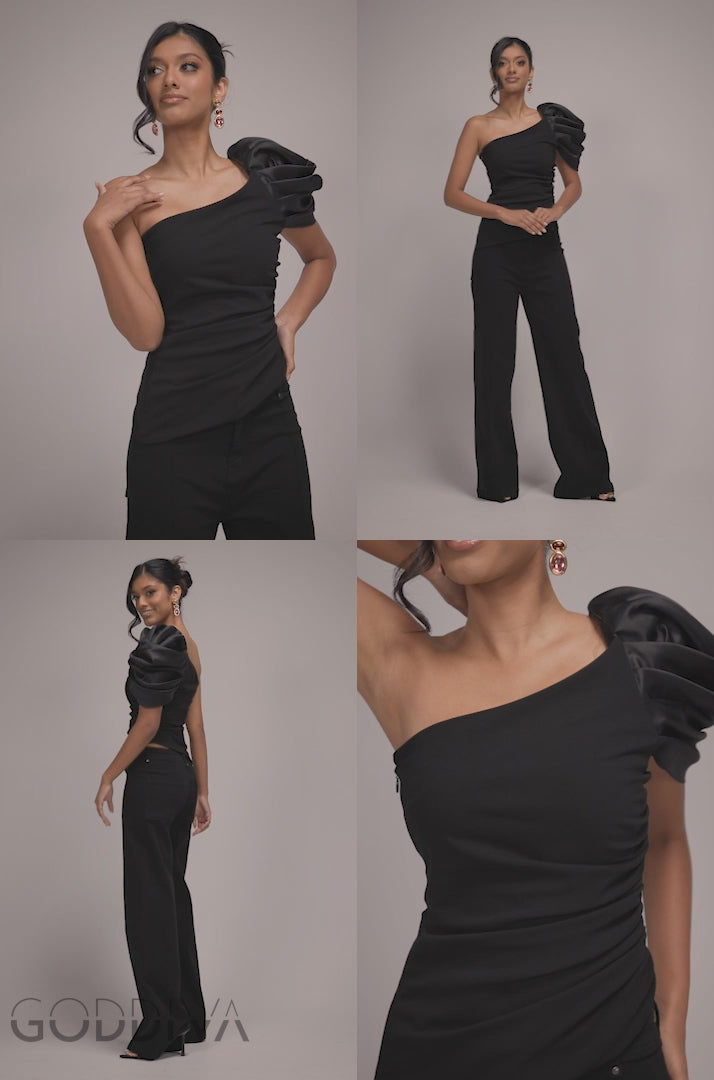 One Shoulder Puffed Satin Sleeve Asymmetric Scuba Top - Black T239