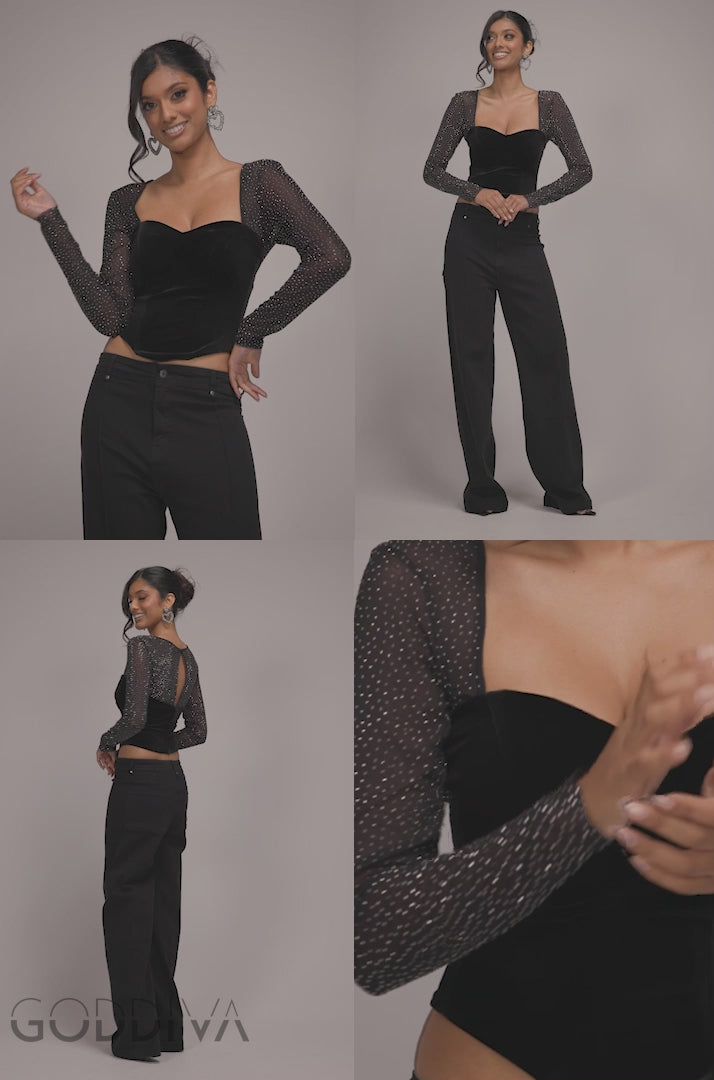 Diamante Long Sleeve Velvet Dipped Hem Top - Black T244