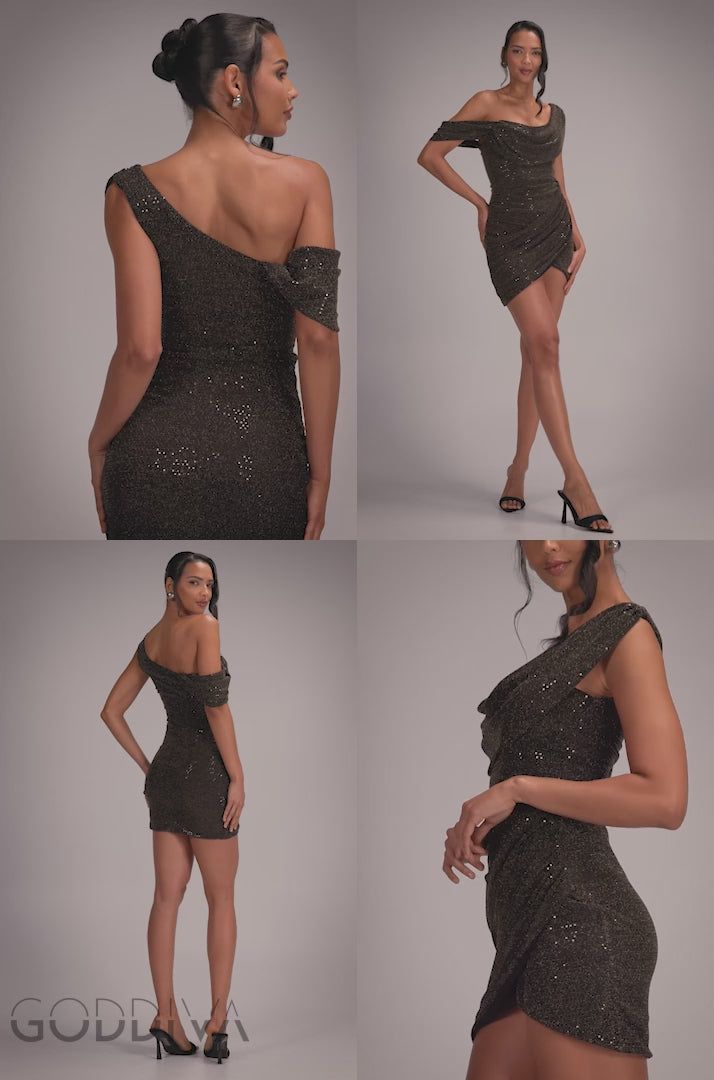 Cowl Neck Glitter Lurex Mini Dress - Black DR4741