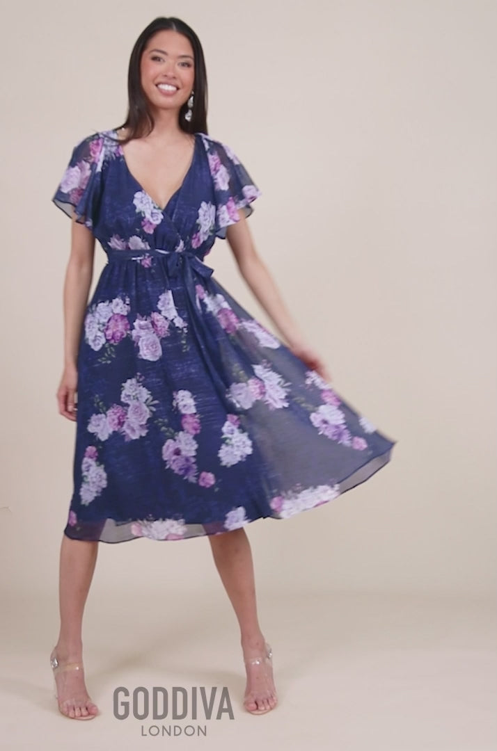 Printed Lurex A-Line Flutter Sleeve Midi Dress - Navy DR4516