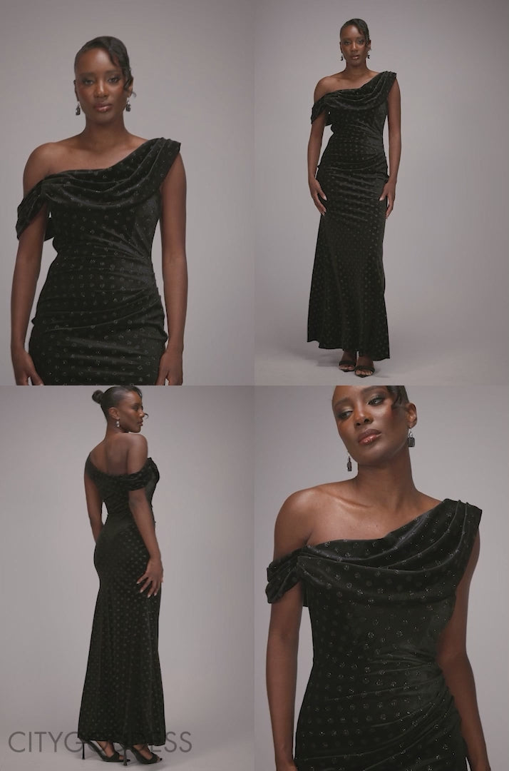 Glitter Velvet Cowl Neck Off The Shoulder Maxi Dress - Black DR4696