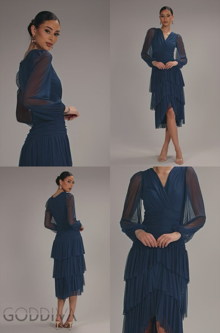 Gathered High & Low Tiered Midi Dress - Navy Blue DR4262