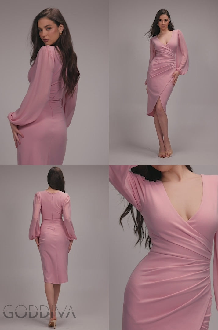 Scuba & Chiffon Balloon Sleeve Wrap Midi Dress - Blush Pink DR4933