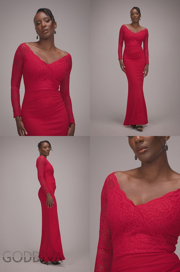 Scalloped Lace Bodice Long Sleeve Bardot Maxi Dress - Red DR4678
