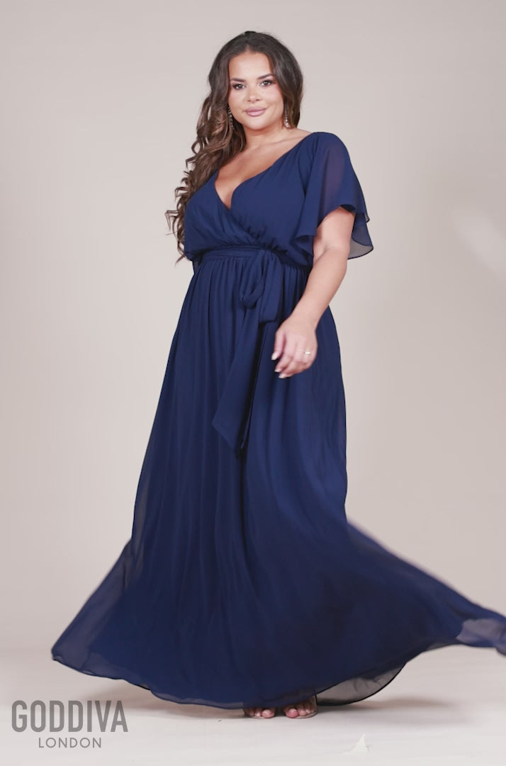 Flutter Sleeve Wrap Maxi Dress - Navy Blue DR2486P