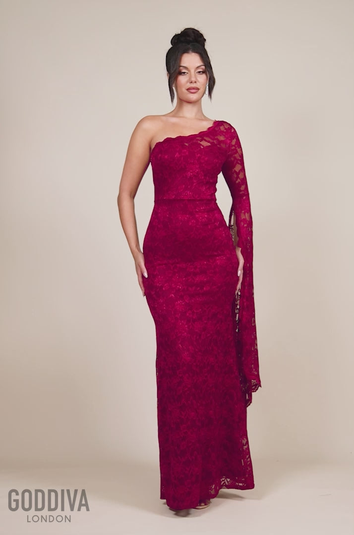 One Shoulder Scalloped Neck Maxi Dress - Wine DR4601