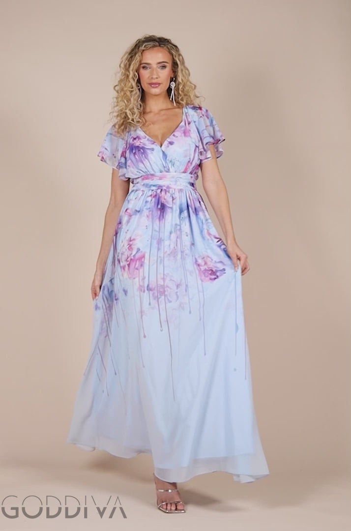 Printed Silky Chiffon Flutter Sleeve Maxi Dress - Blue DR4579