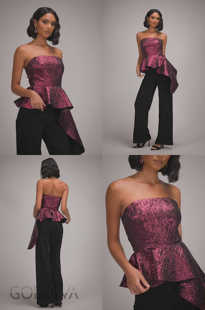 Boob Tube Jacquard Top With Asymmetric Peplum Frill - Burgundy Red T251