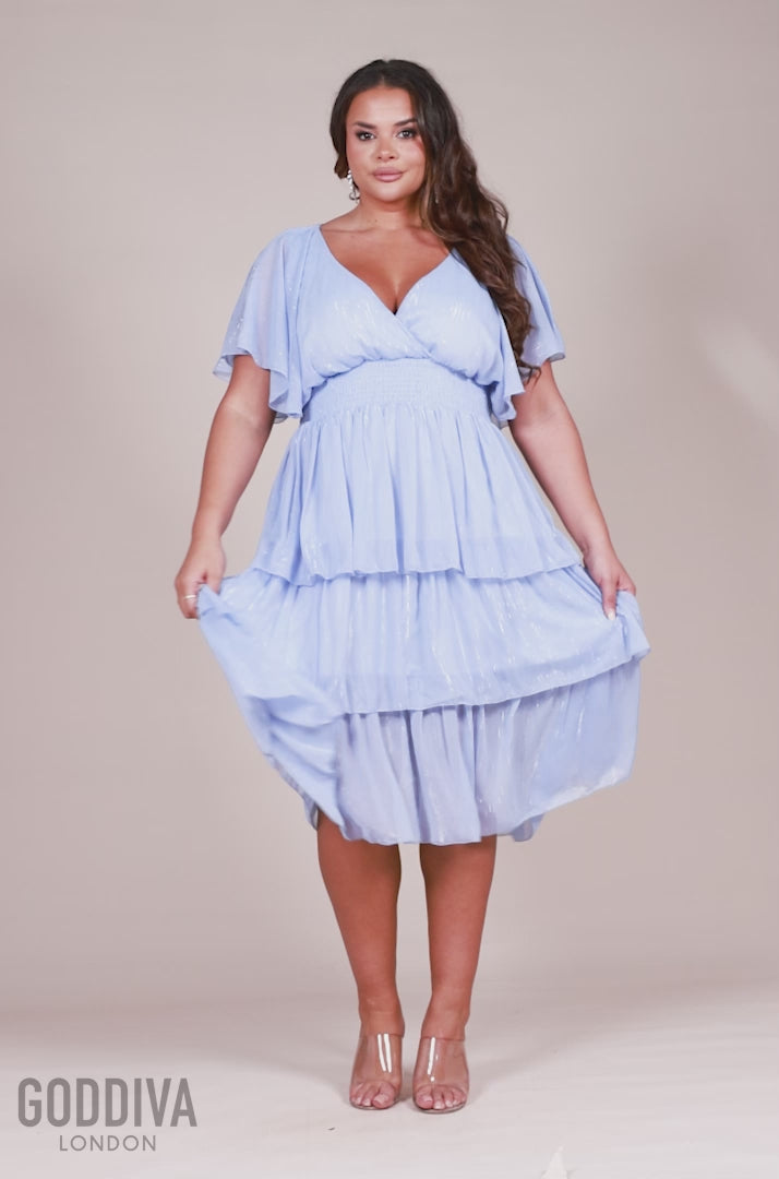 Plain Lurex Chiffon Tiered Midi Dress - Light Blue DR3905P