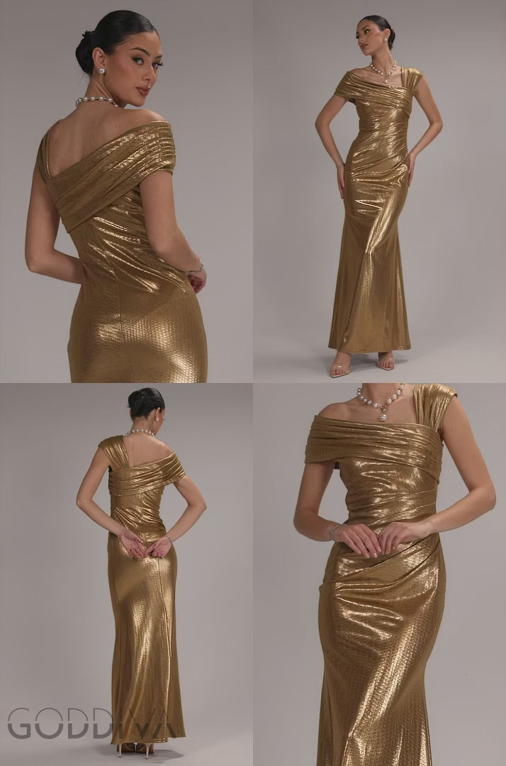 One Shoulder Asymmetric Foil Scuba Maxi Dress - Gold DR3231