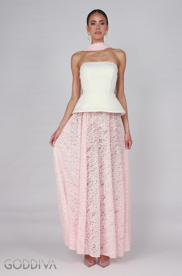 Scuba Boobtube Peplum Corset With Floral Lace A-Line Maxi Skirt With Scarf - Cream & Pink LOOK11