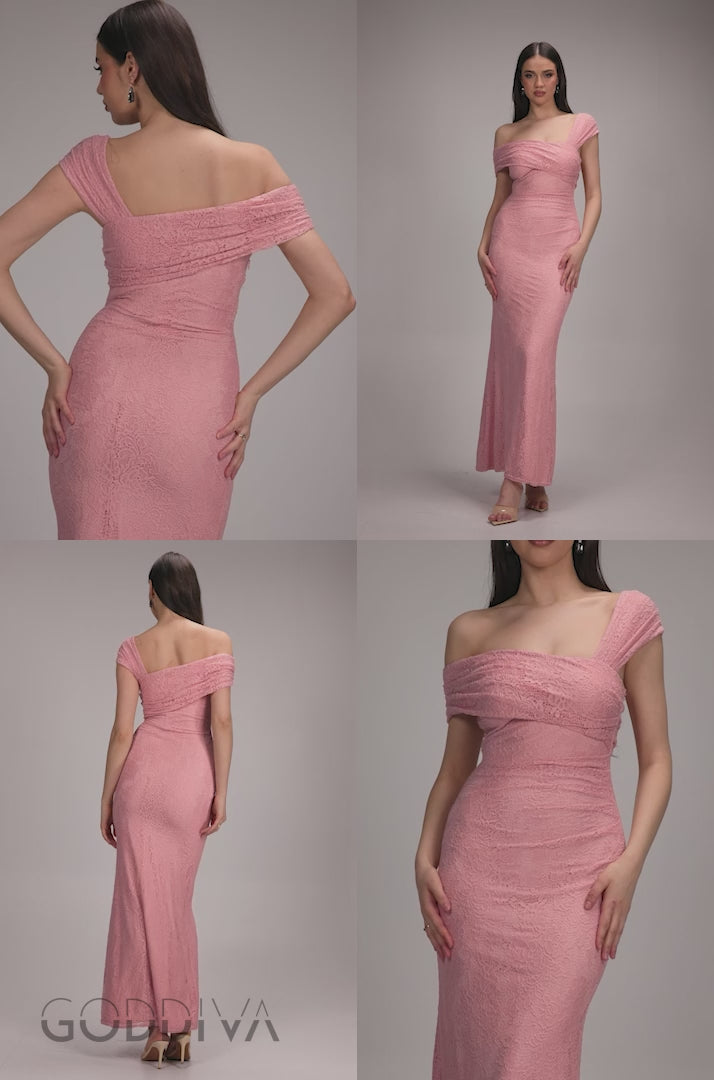 One Shoulder Pleated Bardot Lace Maxi Dress - Blush Pink DR4956