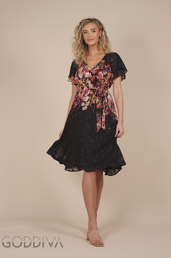 Floral Flutter Sleeve Wrap Midi Dress - Black DR4548