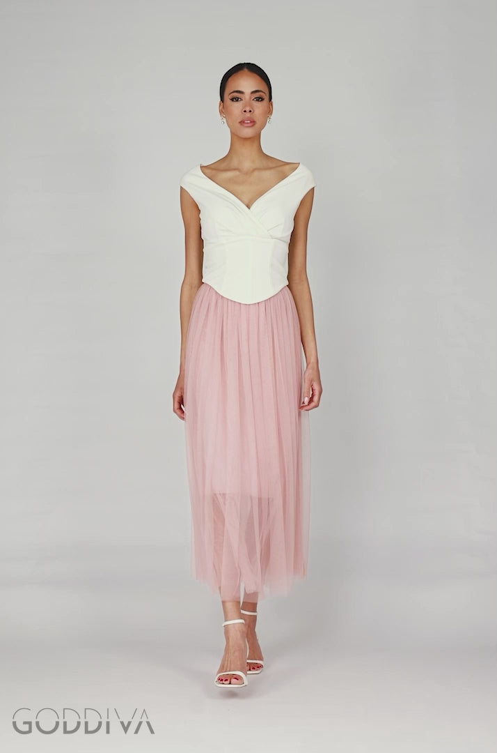 Front Pleated Wrap Off The Shoulder Corset With Tulle Gathered Midaxi Skirt  Cream & Blush LOOK04