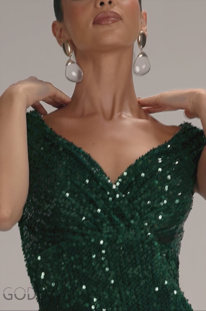 Sequin & Velvet Off The Shoulder Wrap Maxi Dress - Emerald Green DR5256