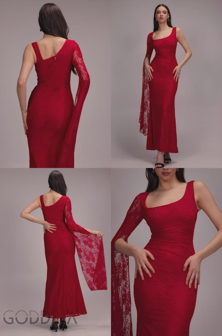 One Shoulder Cape Sleeve Pleated Lace Maxi Dress - Red DR5065