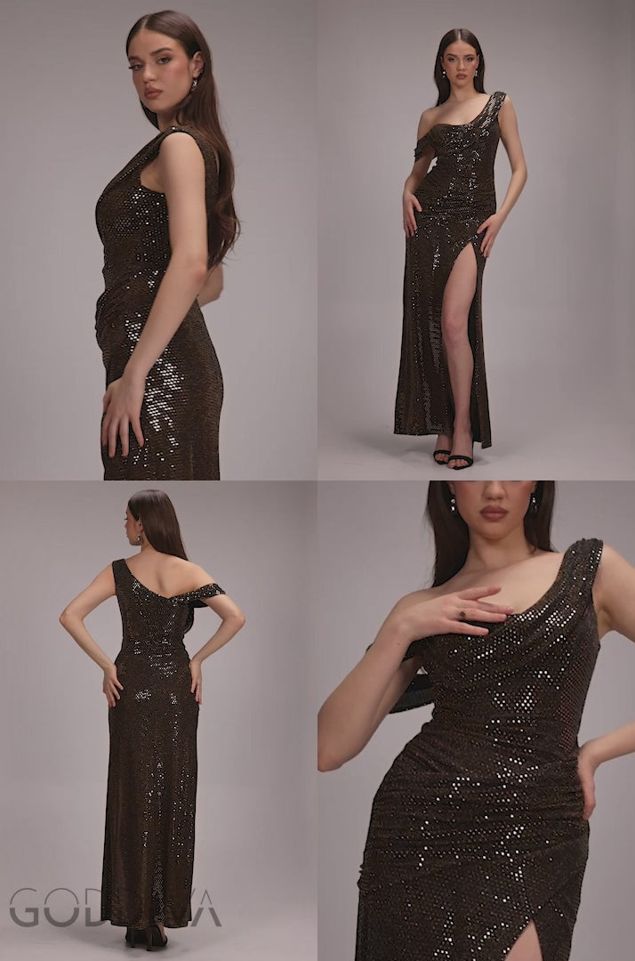 Cowl Neck Glitter Draped Maxi Dress - Rose Gold DR4837