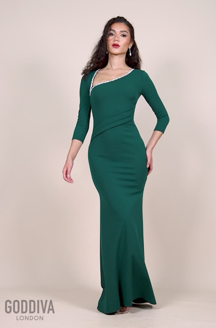 Asymmetric Neck Diamante Embellished Maxi Dress - Emerald Green DR4421