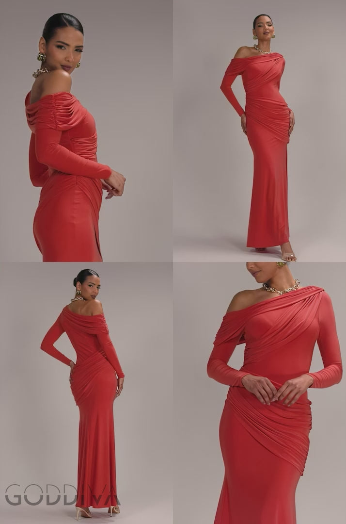 Off Shoulder Gathered Panel Soft Touch Maxi Dress - Burnt Orange DR5087