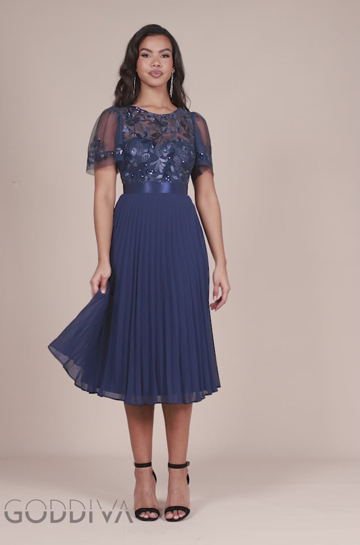 Embroidered Top Chiffon Pleated Midi - Navy DR3802