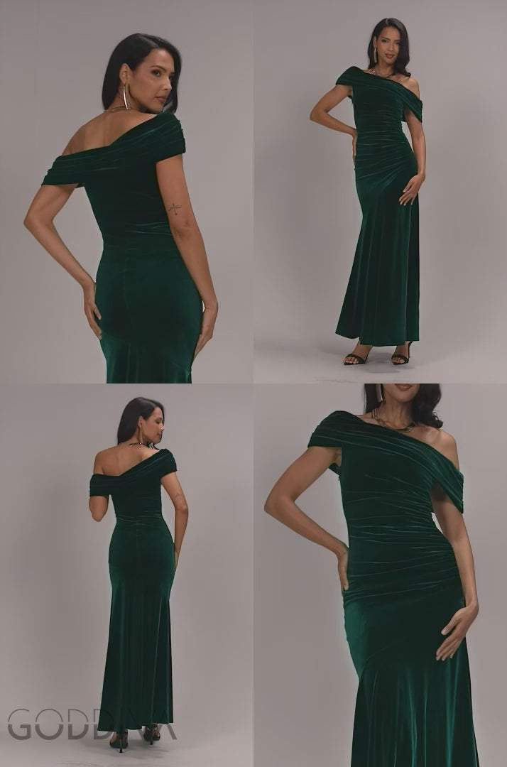 Velvet One Shoulder Bardot Fit And Flare Maxi Dress - Emerald Green DR5166
