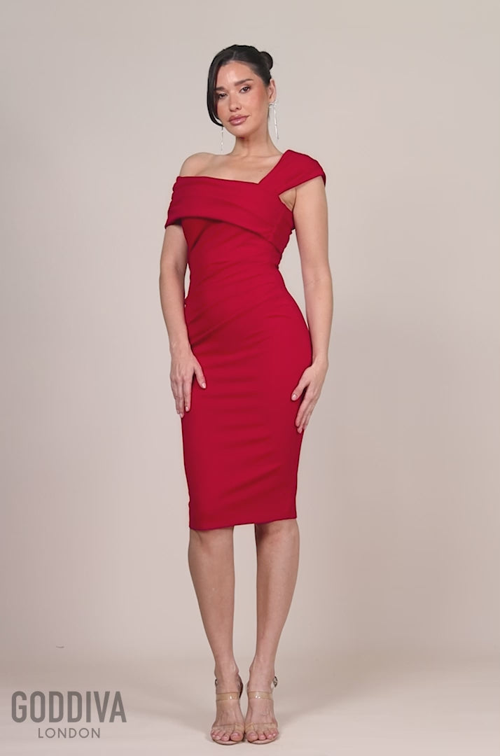 Scuba Crepe Pleated Drop Shoulder Midi Dress - Red DR4490