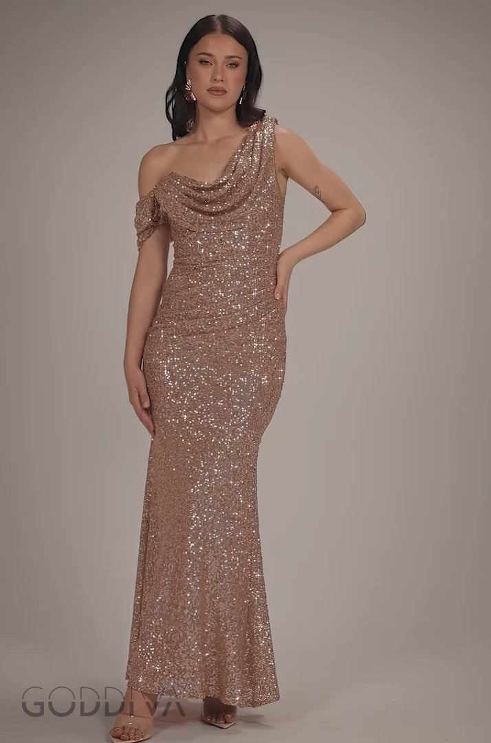 Sequin Cowl One Shoulder Maxi Dress - Champagne DR4020