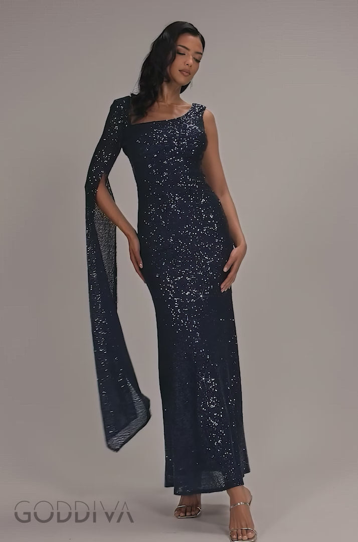 One Side Cape Sleeve Waist Pleated Sequin Maxi Dress - Navy Blue DR5068