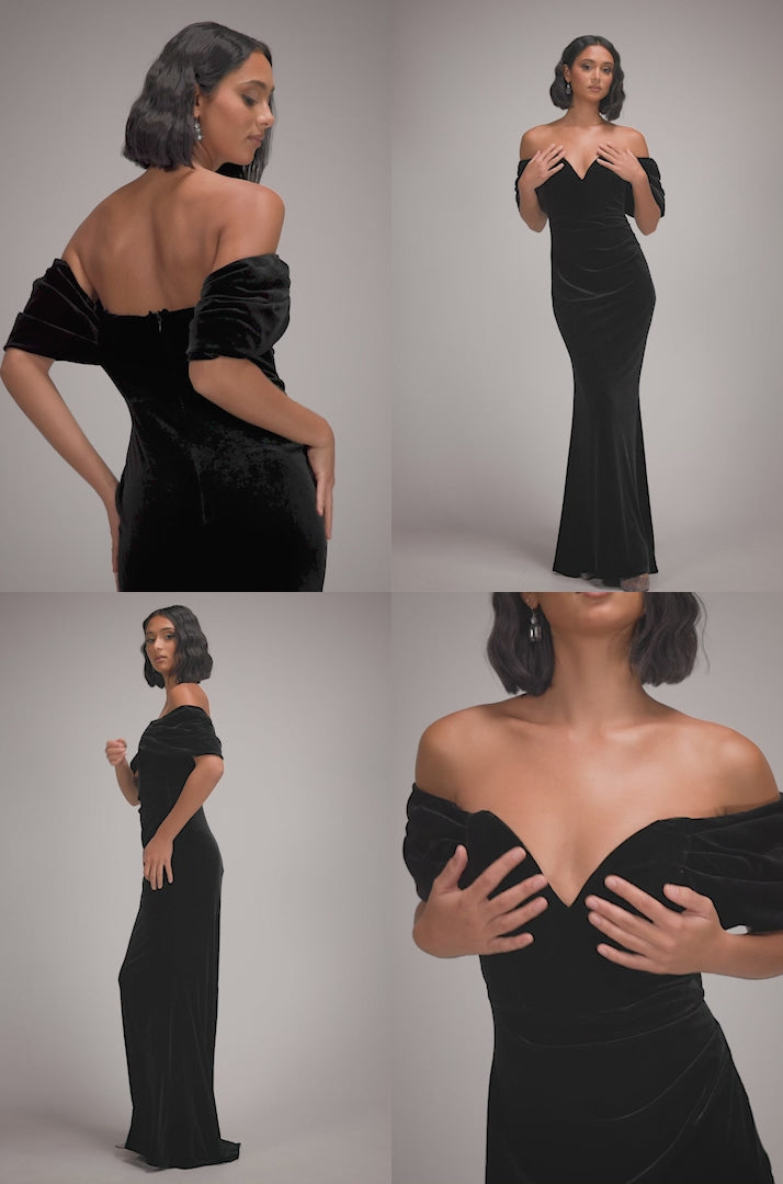 Off The Shoulder Deep Plunge Velvet Maxi Dress - Black DR4692