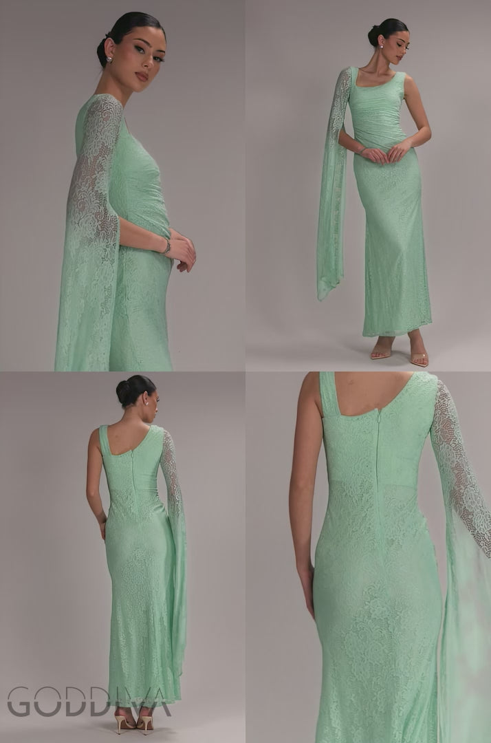 One Shoulder Cape Sleeve Pleated Lace Maxi Dress - Mint Green DR5065