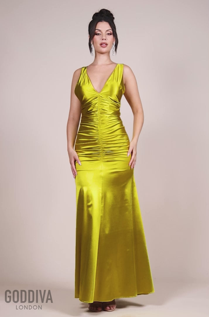 Multi-Tied Satin Gathered Ring Maxi Dress - Lime DR4417