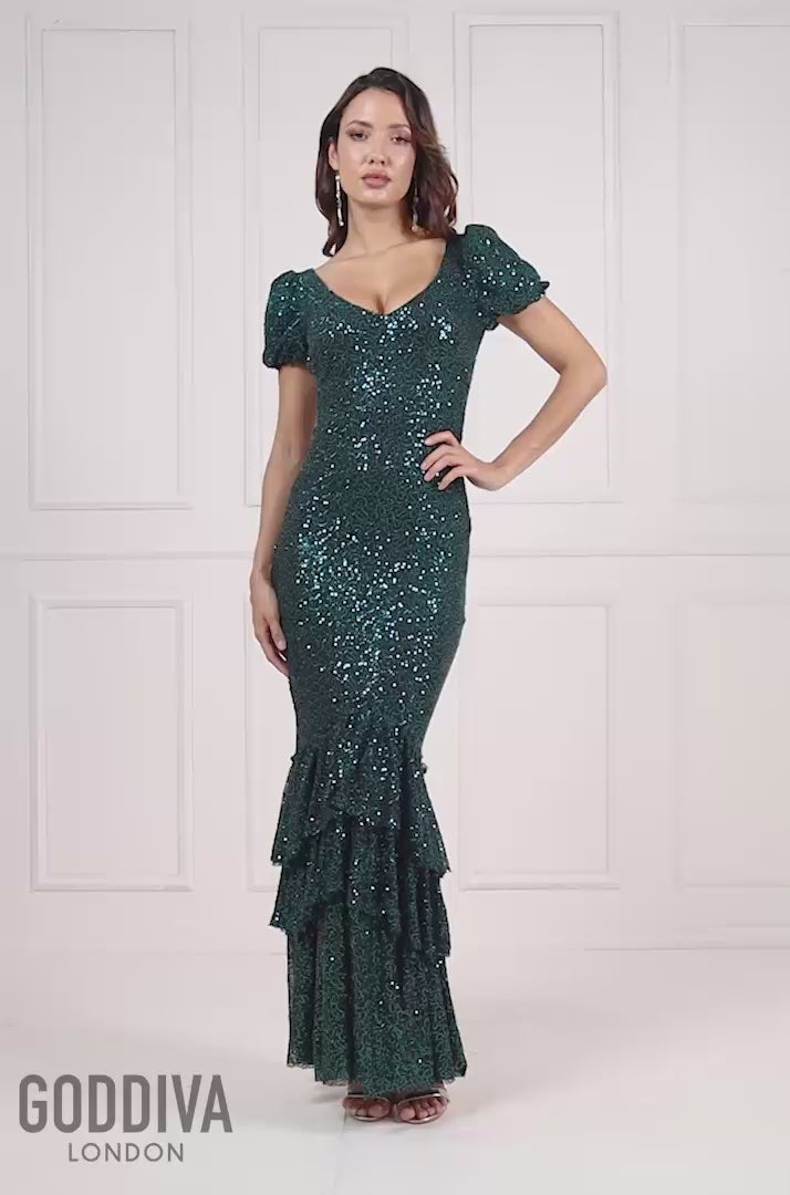 Puff Sleeve Tiered Hem Maxi Dress - Emerald DR4022