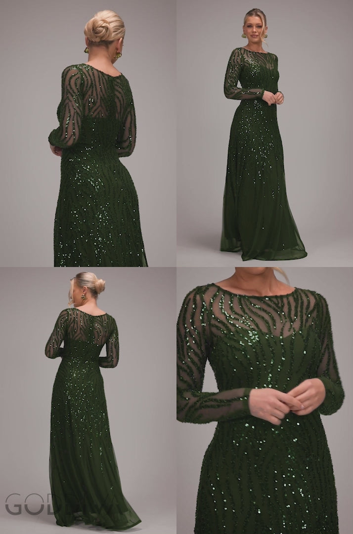 Ombre Sequin Beaded Flared Long Sleeve Maxi Dress - Olive Green DR4782
