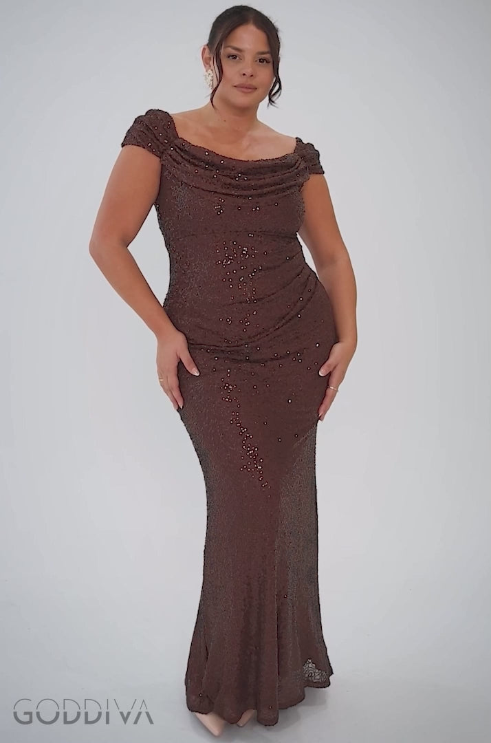Cap Sleeve Iridescent Sequin Cowl Maxi Dress - Brown DR4633PLUS